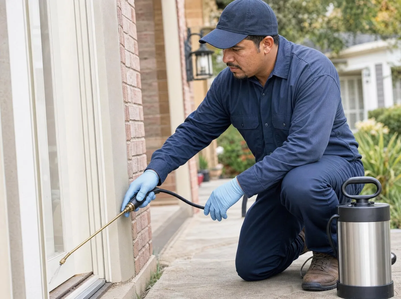 A pest-control technician spraying treatment along the base of a door frame