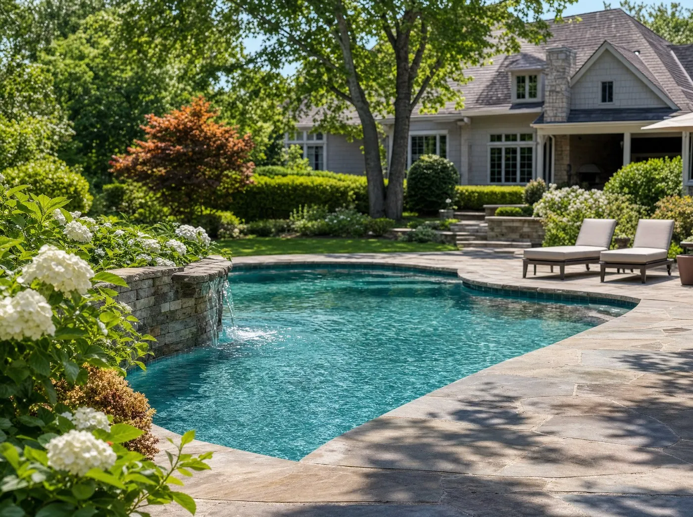 A backyard swimming pool with a flagstone patio behind a home